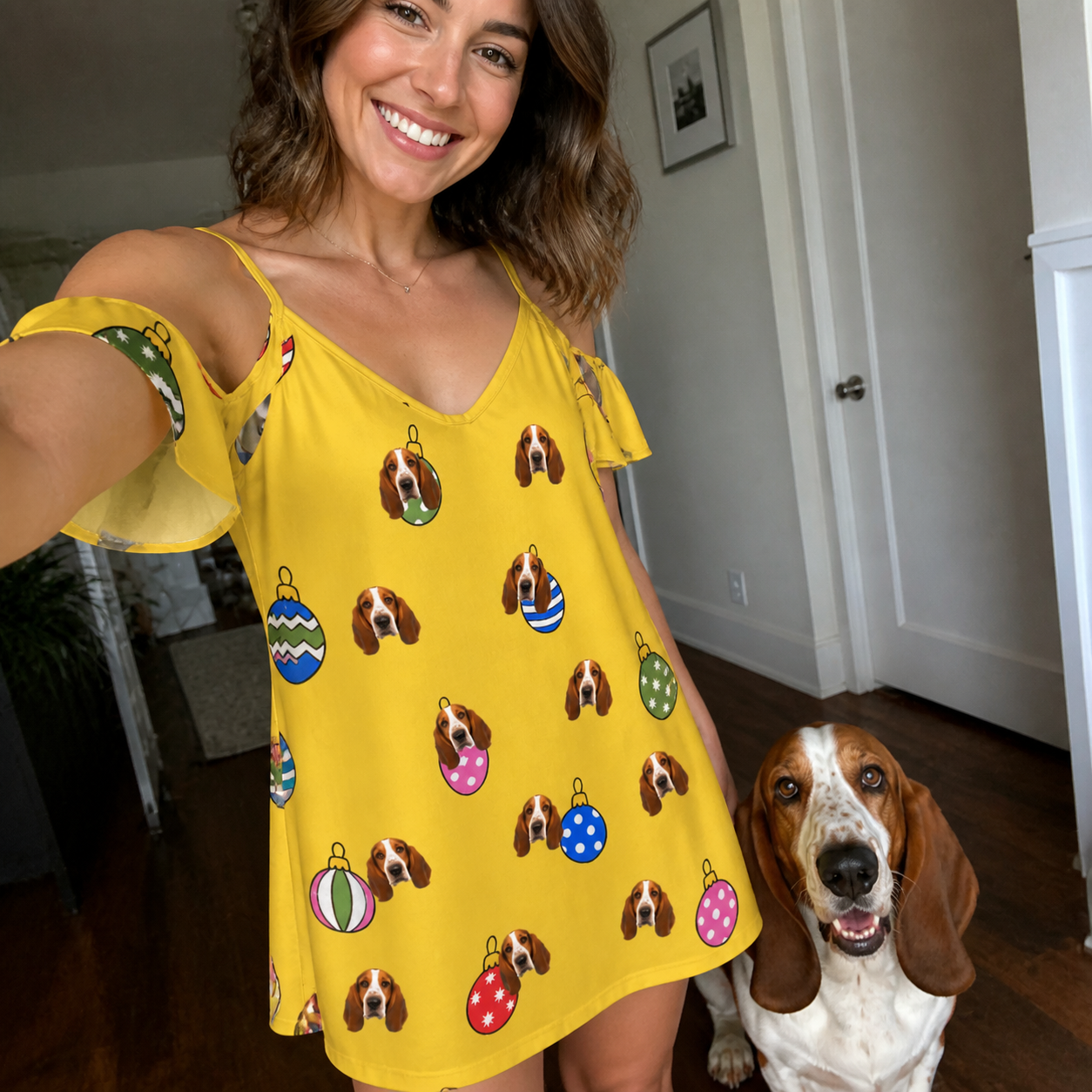 Selfie with the pet whose face is printed all over this Women's Tree Trinkets Custom Dog Face Off-Shoulder Dress