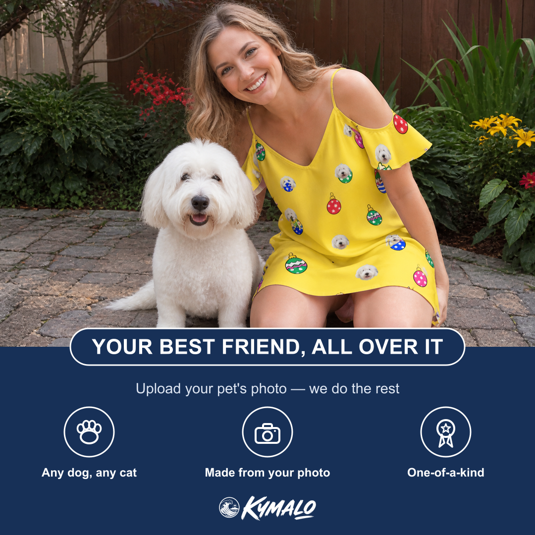 Friends in matching Women's Tree Trinkets Custom Dog Face Off-Shoulder Dress — a group gift photo