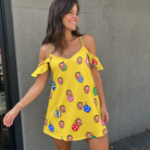 Real-life photo of someone wearing Women's Tree Trinkets Custom Face Off-Shoulder Dress — custom faces printed all-over