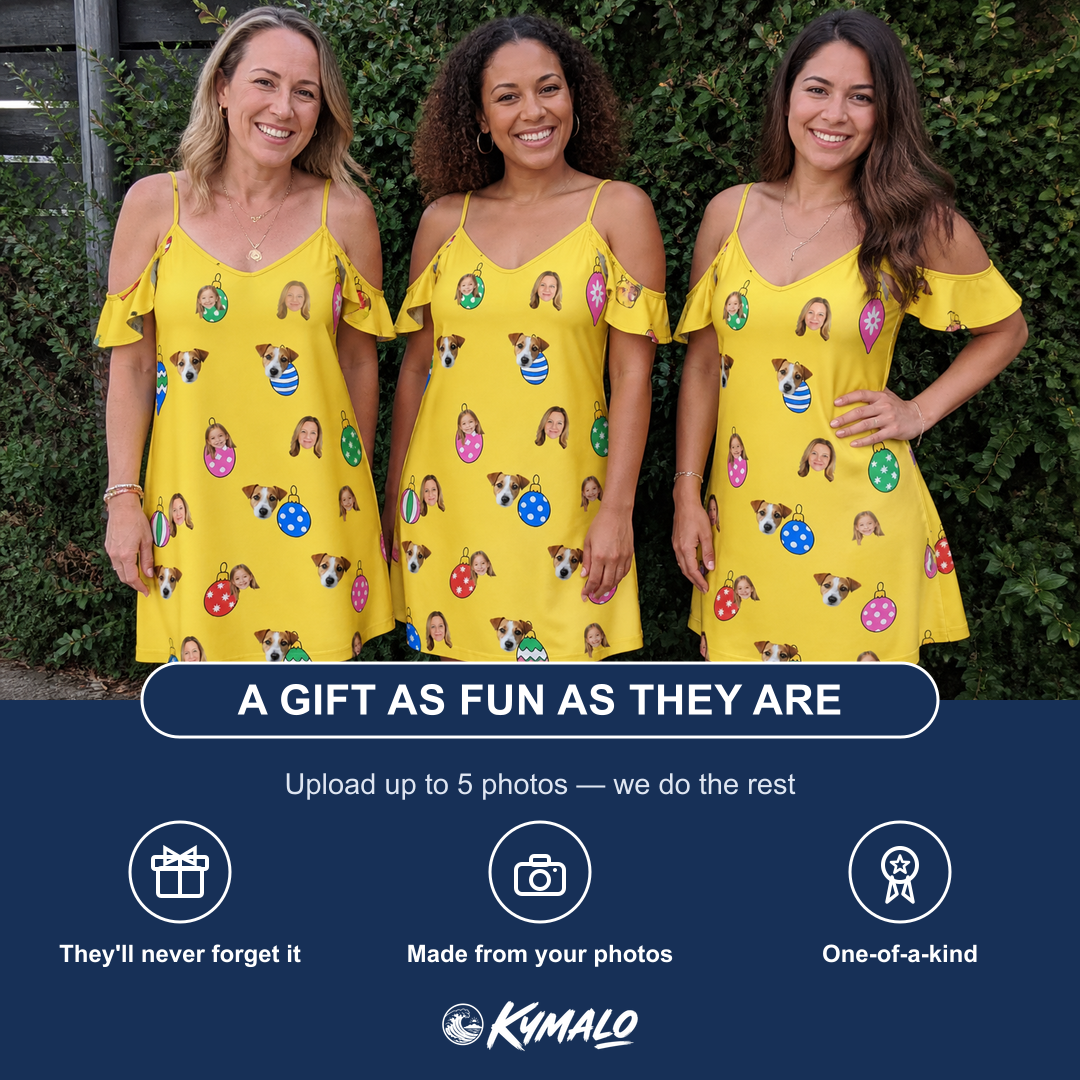 Friends in matching Women's Tree Trinkets Custom Face Off-Shoulder Dress — a group gift photo