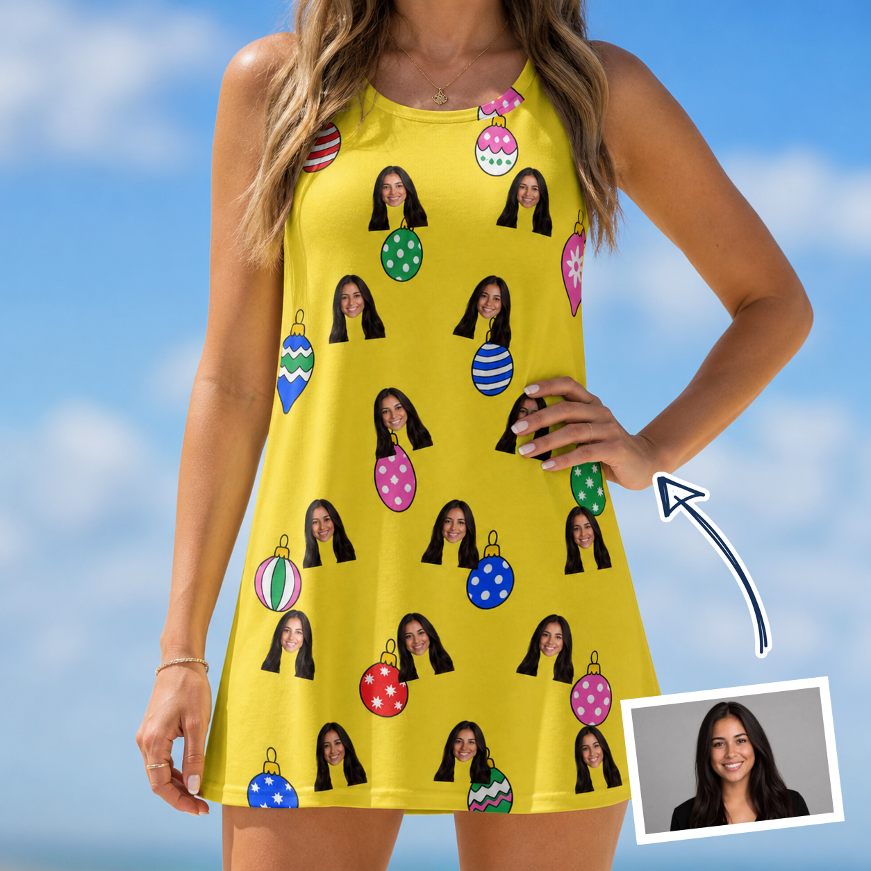 Woman wearing Women's Tree Trinkets Custom Face Tank Dress — custom faces printed all-over