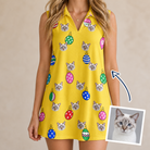 Woman wearing Women's Tree Trinkets Custom Cat Face V-Neck Dress — custom faces printed all-over