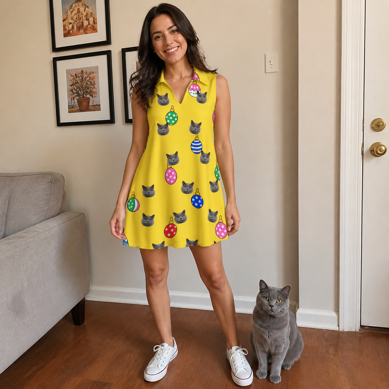 Full-length photo with the pet printed all over this Women's Tree Trinkets Custom Cat Face V-Neck Dress