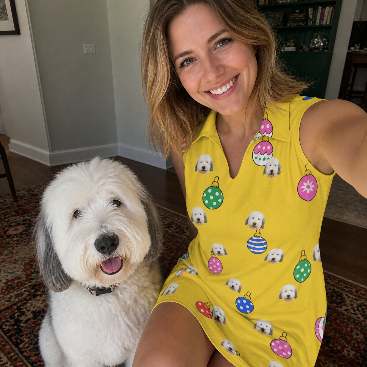 Selfie with the pet whose face is printed all over this Women's Tree Trinkets Custom Dog Face V-Neck Dress