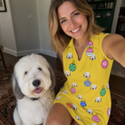 Selfie with the pet whose face is printed all over this Women's Tree Trinkets Custom Dog Face V-Neck Dress