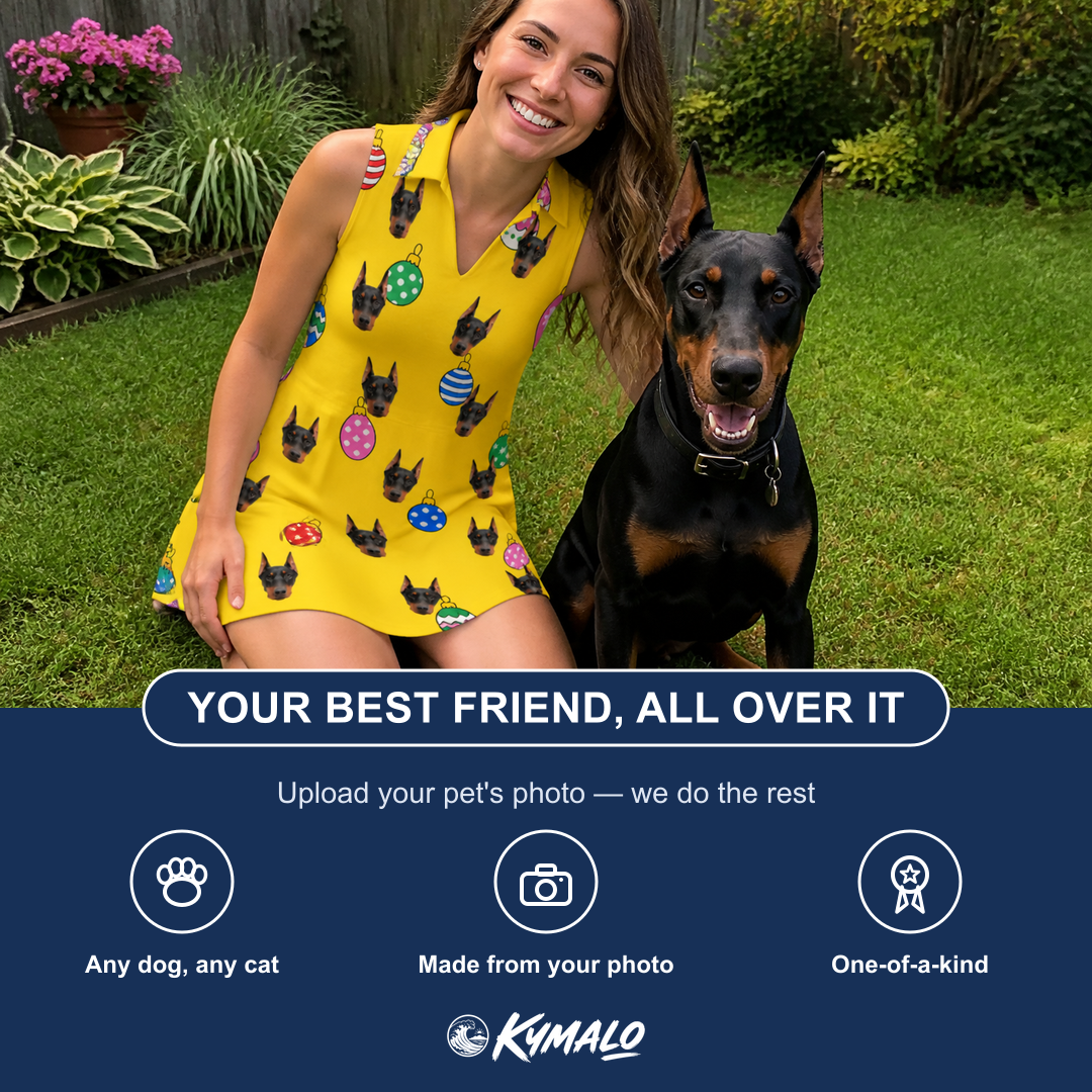 Friends in matching Women's Tree Trinkets Custom Dog Face V-Neck Dress — a group gift photo