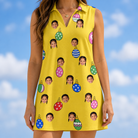 Model wearing Women's Tree Trinkets Custom Face V-Neck Dress printed with kids' faces
