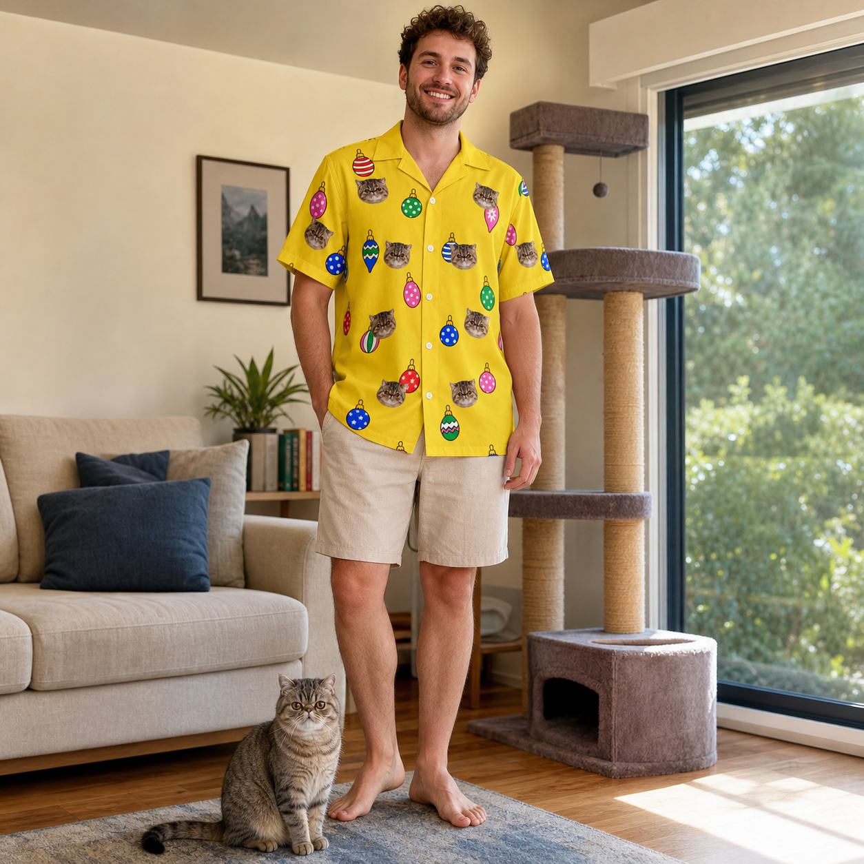 Full-length photo with the pet printed all over this Men's Tree Trinkets Custom Cat Face Hawaiian Shirt