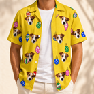 Man wearing Men's Tree Trinkets Custom Dog Face Hawaiian Shirt open over a white tee