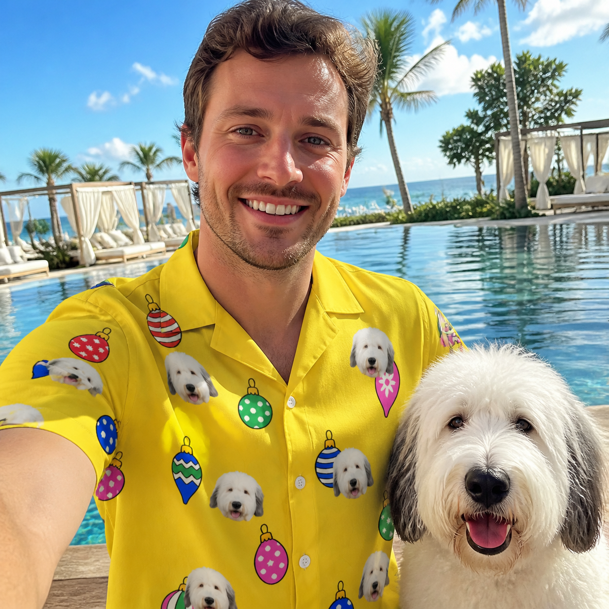 Selfie with the pet whose face is printed all over this Men's Tree Trinkets Custom Dog Face Hawaiian Shirt