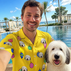 Selfie with the pet whose face is printed all over this Men's Tree Trinkets Custom Dog Face Hawaiian Shirt