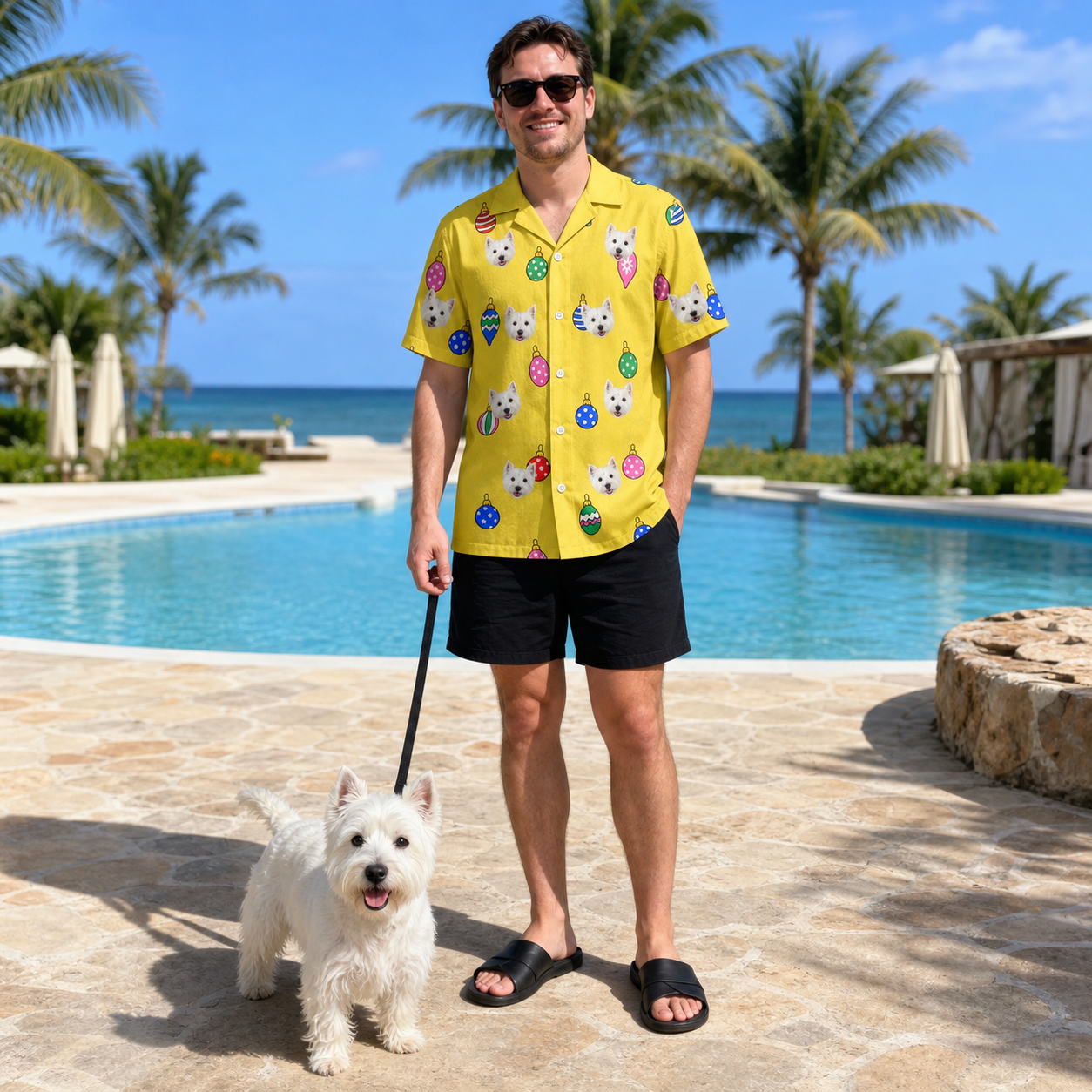 Full-length photo with the pet printed all over this Men's Tree Trinkets Custom Dog Face Hawaiian Shirt