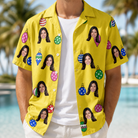 Man wearing Men's Tree Trinkets Custom Face Hawaiian Shirt open over a white tee