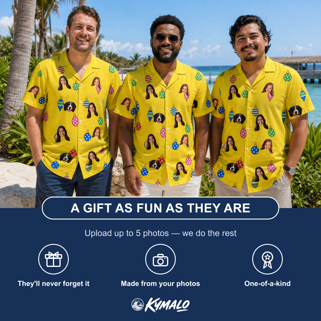 Friends in matching Men's Tree Trinkets Custom Face Hawaiian Shirt — a group gift photo