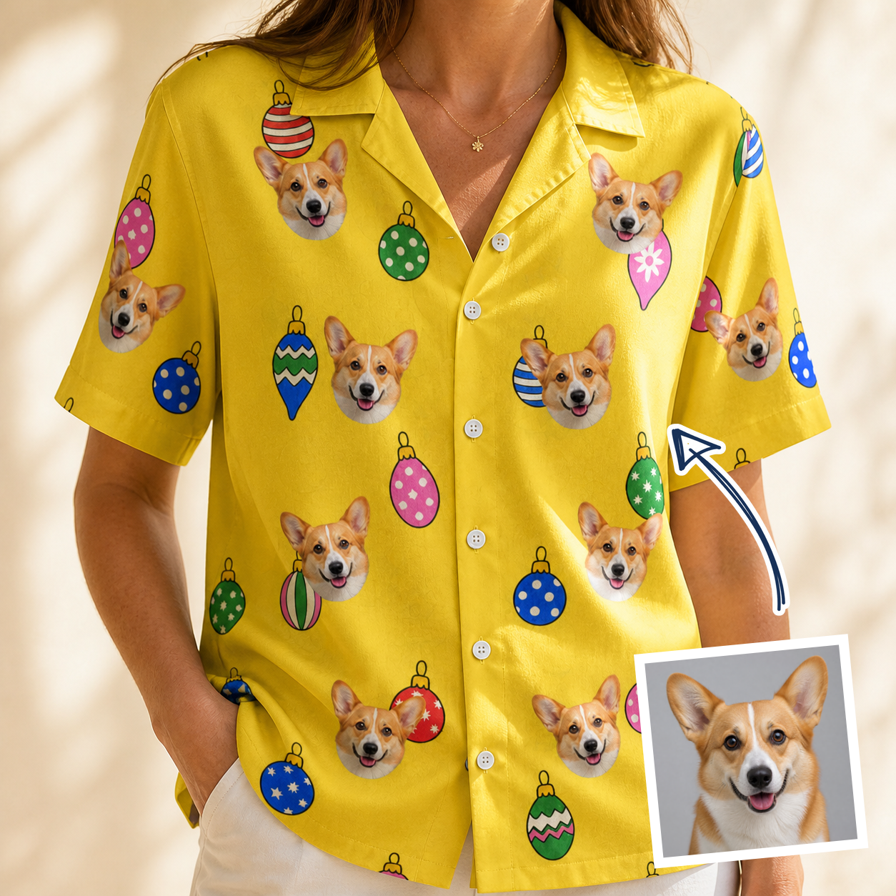 Woman wearing Women's Tree Trinkets Custom Dog Face Hawaiian Shirt — custom faces printed all-over