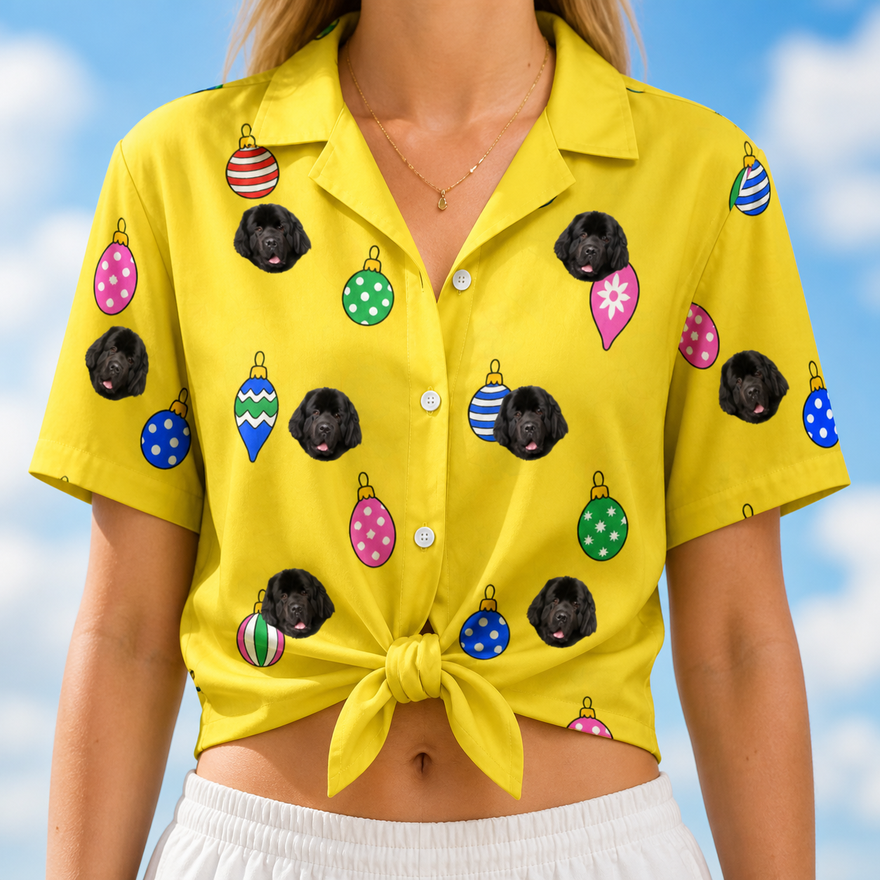 Woman wearing Women's Tree Trinkets Custom Dog Face Hawaiian Shirt tied at the waist