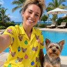 Selfie with the pet whose face is printed all over this Women's Tree Trinkets Custom Dog Face Hawaiian Shirt