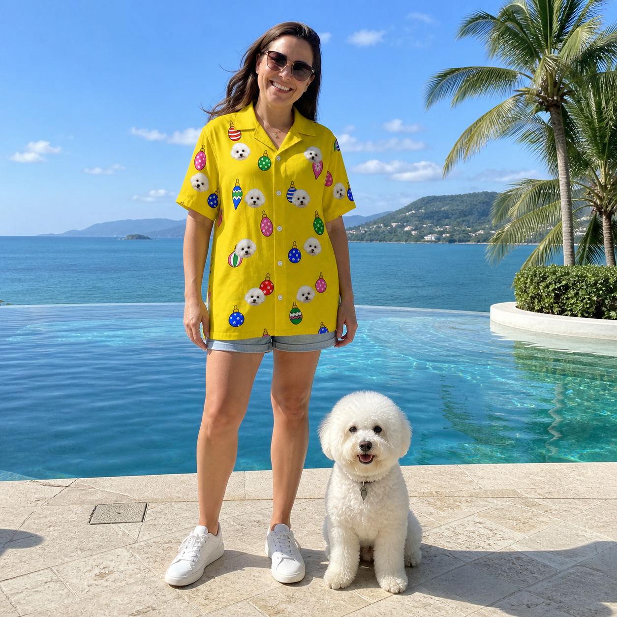 Full-length photo with the pet printed all over this Women's Tree Trinkets Custom Dog Face Hawaiian Shirt