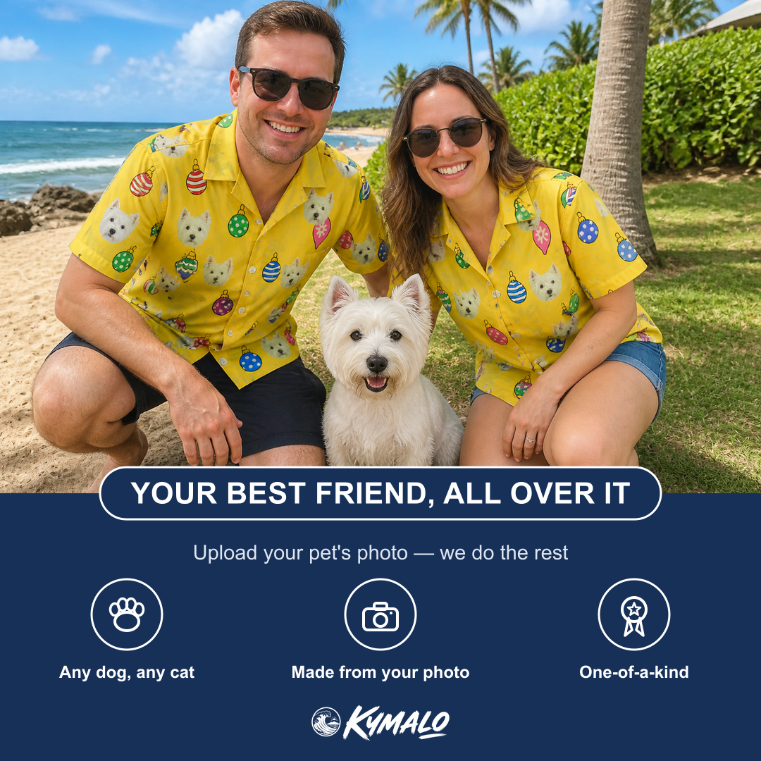 Friends in matching Women's Tree Trinkets Custom Dog Face Hawaiian Shirt — a group gift photo