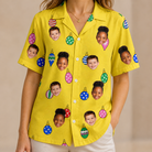 Model wearing Women's Tree Trinkets Custom Face Hawaiian Shirt printed with kids' faces