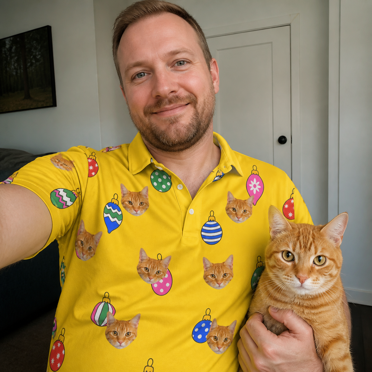 Selfie with the pet whose face is printed all over this Men's Tree Trinkets Custom Cat Face Polo Shirt