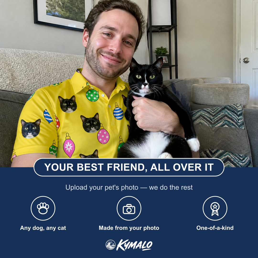 Friends in matching Men's Tree Trinkets Custom Cat Face Polo Shirt — a group gift photo