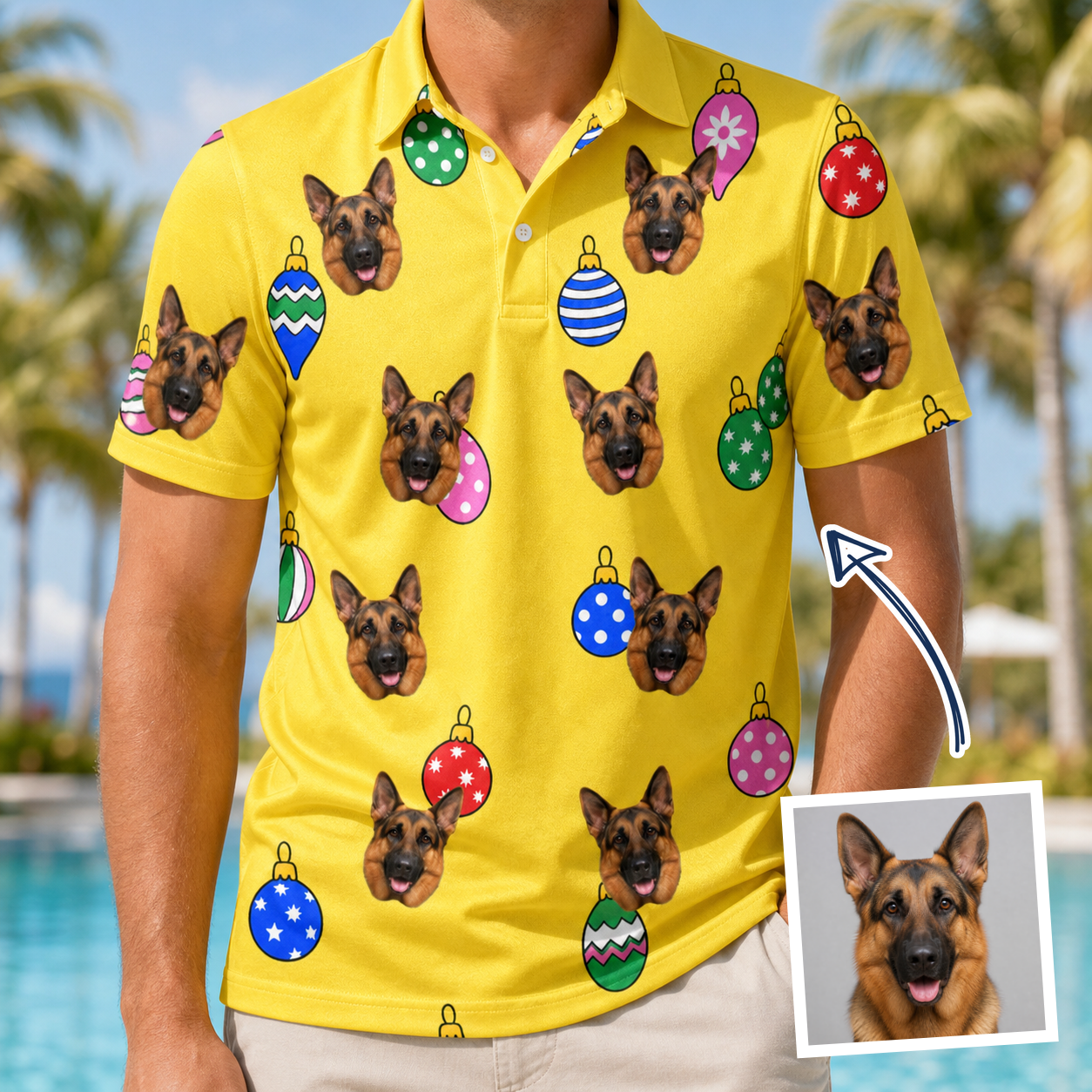 Man wearing Men's Tree Trinkets Custom Dog Face Polo Shirt — custom faces printed all-over