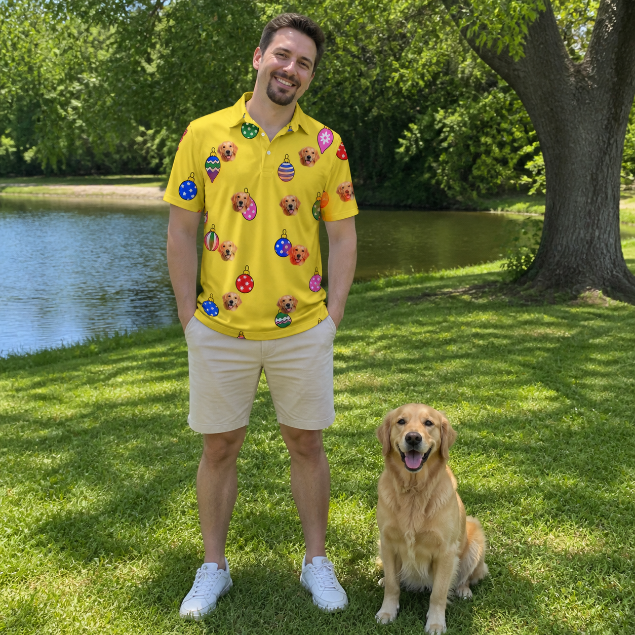 Full-length photo with the pet printed all over this Men's Tree Trinkets Custom Dog Face Polo Shirt