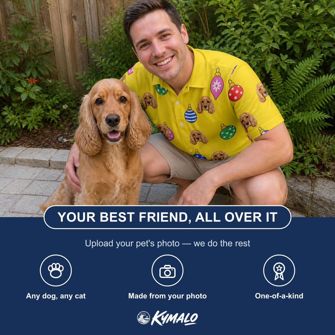 Friends in matching Men's Tree Trinkets Custom Dog Face Polo Shirt — a group gift photo