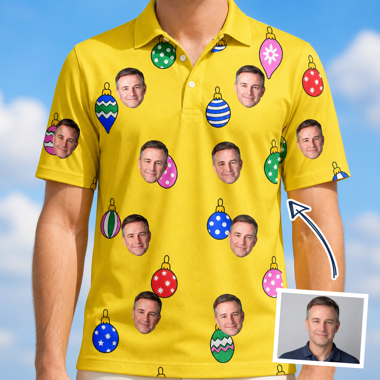 Man wearing Men's Tree Trinkets Custom Face Polo Shirt — custom faces printed all-over