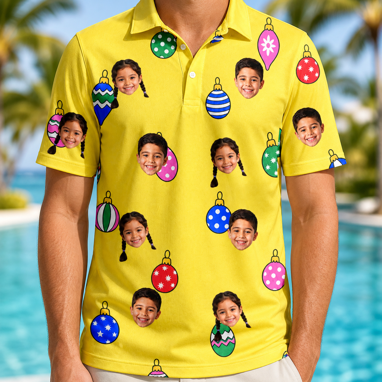 Model wearing Men's Tree Trinkets Custom Face Polo Shirt printed with kids' faces
