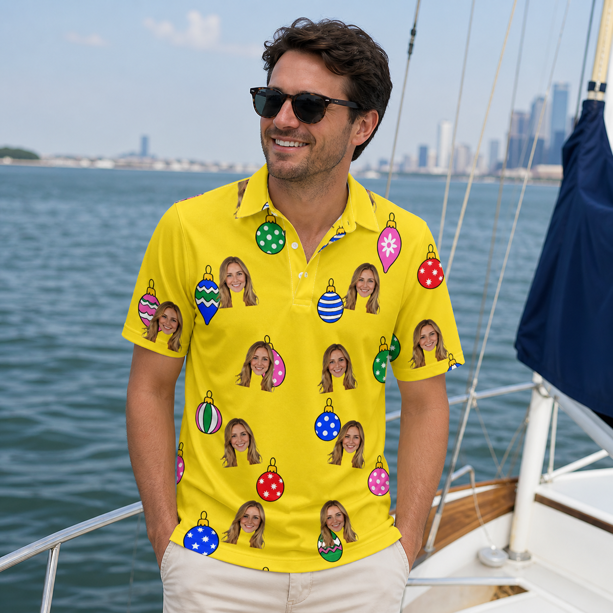 Real-life photo of someone wearing Men's Tree Trinkets Custom Face Polo Shirt — custom faces printed all-over
