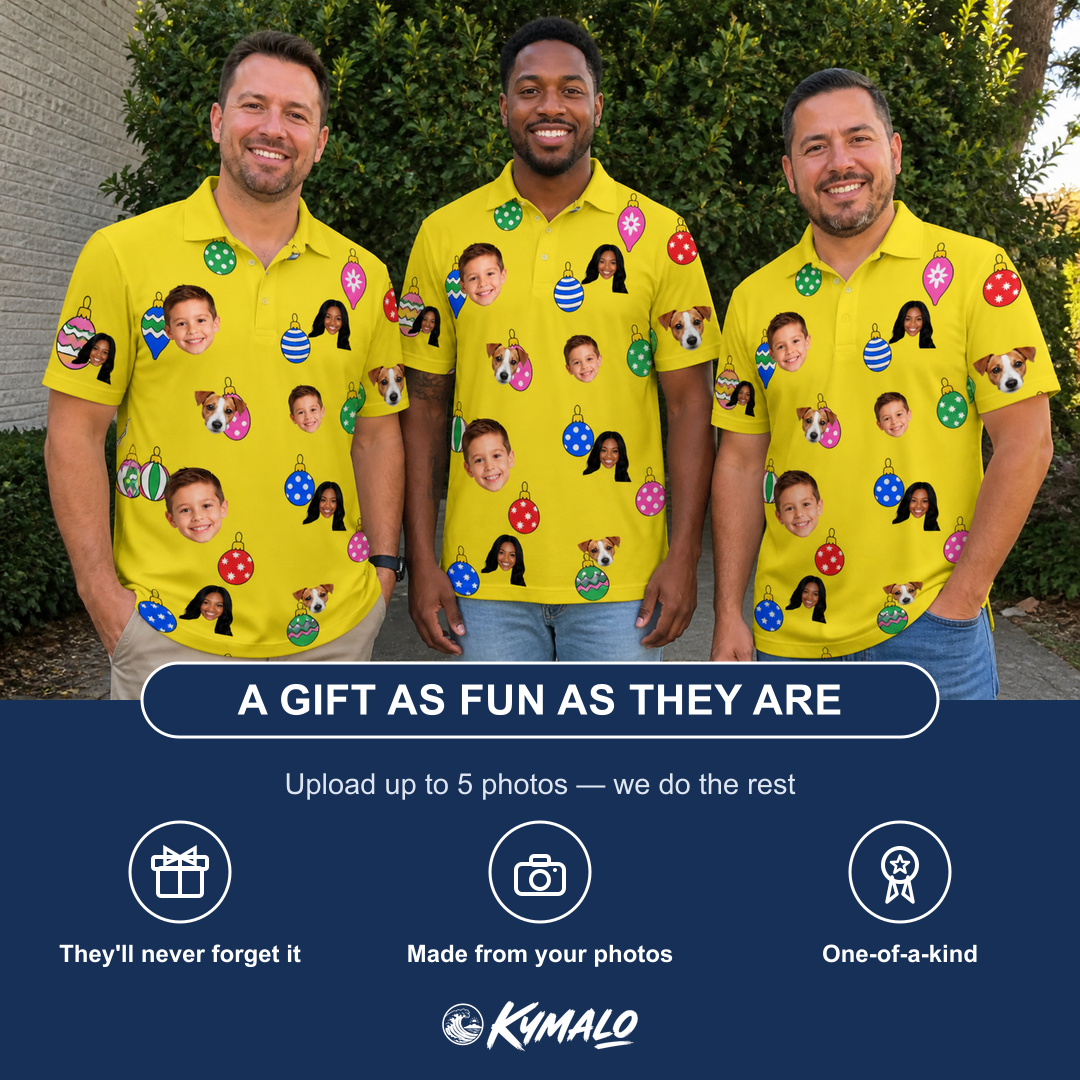 Friends in matching Men's Tree Trinkets Custom Face Polo Shirt — a group gift photo