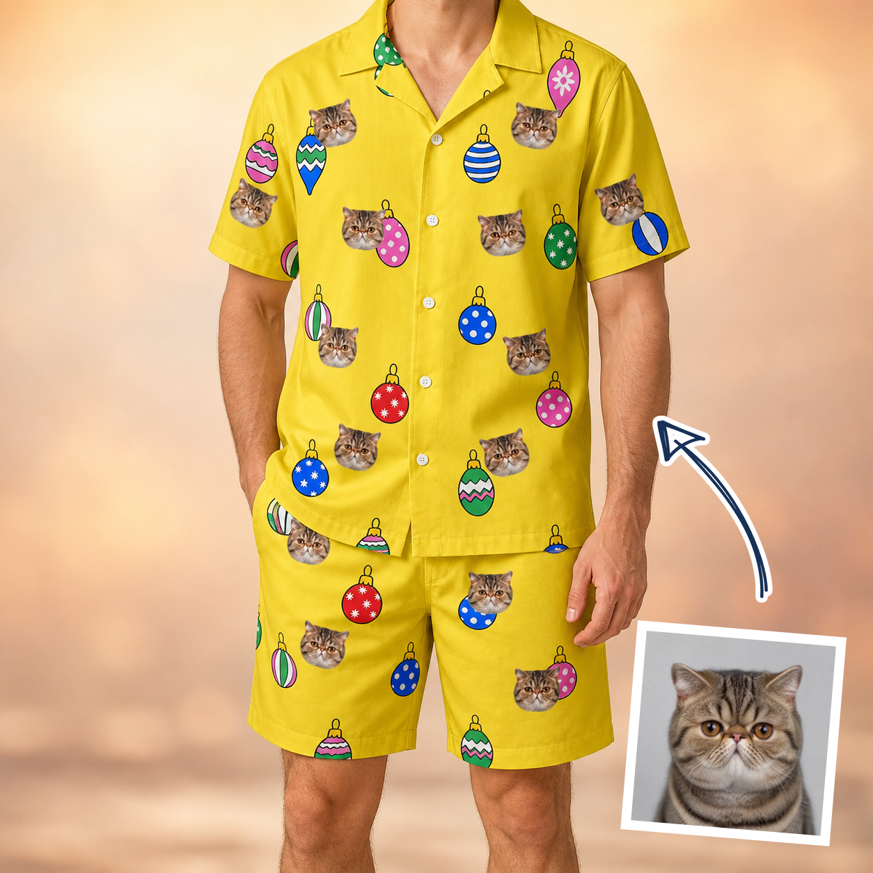 Man wearing Men's Tree Trinkets Custom Cat Face Shirt & Shorts Set — custom faces printed all-over
