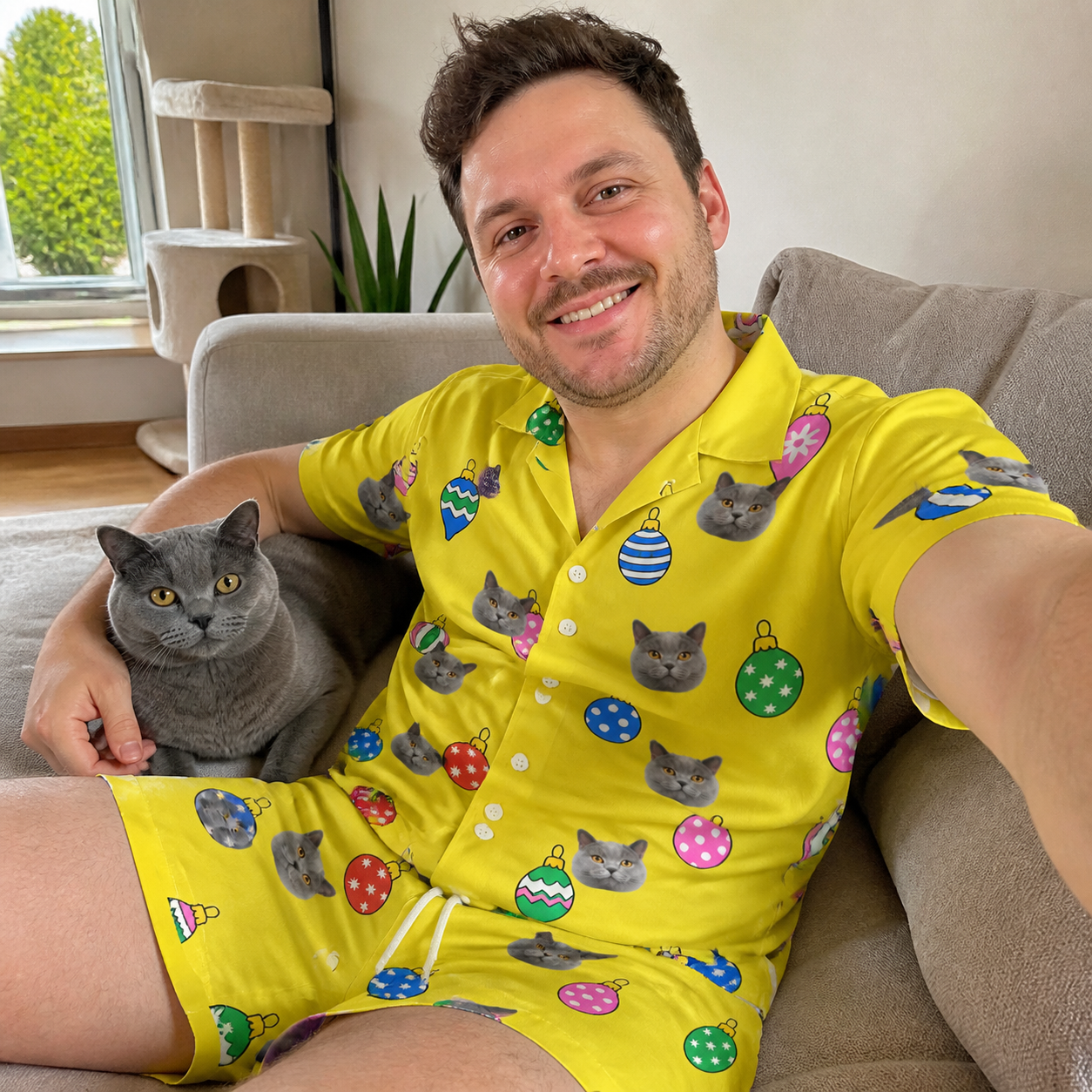 Selfie with the pet whose face is printed all over this Men's Tree Trinkets Custom Cat Face Shirt & Shorts Set