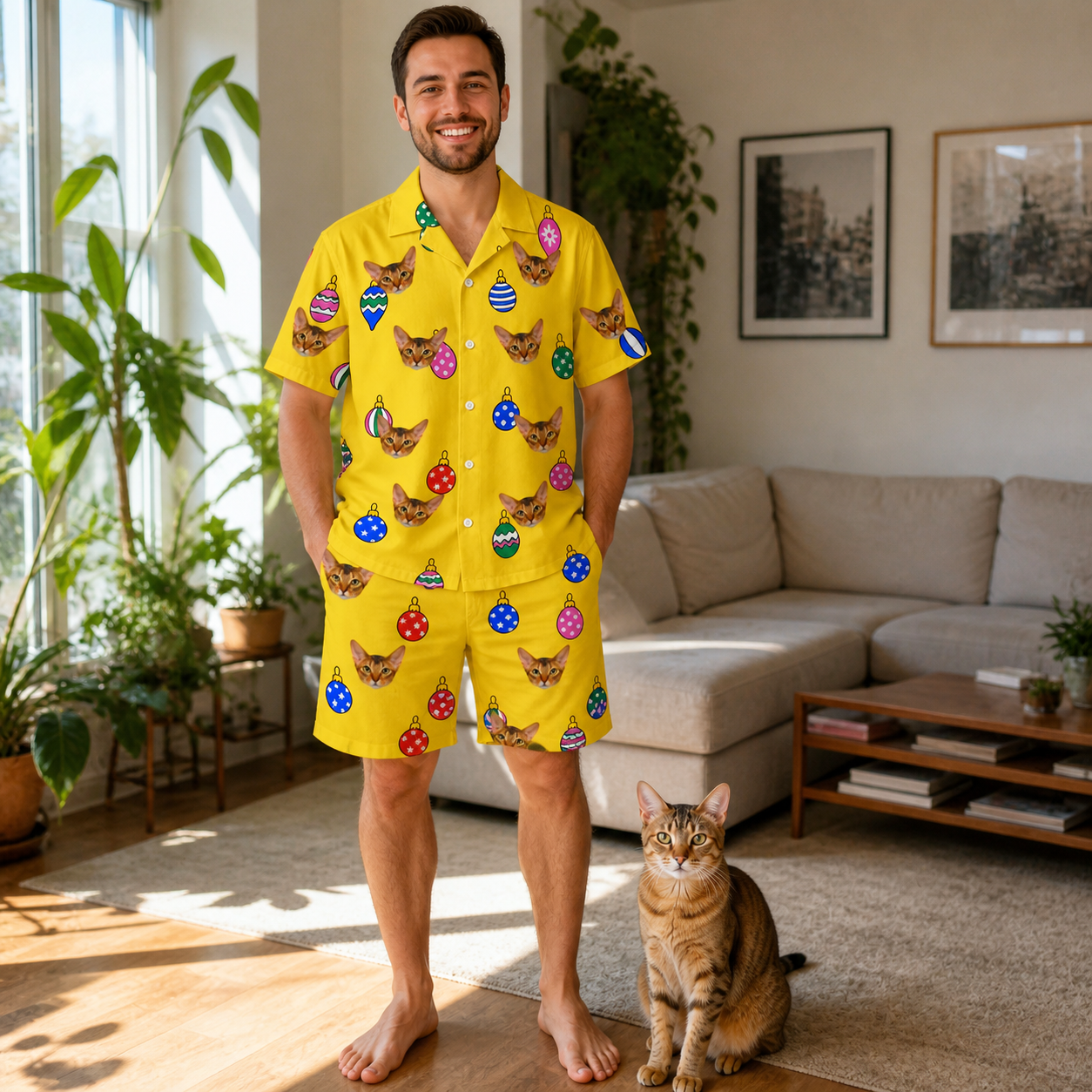 Full-length photo with the pet printed all over this Men's Tree Trinkets Custom Cat Face Shirt & Shorts Set
