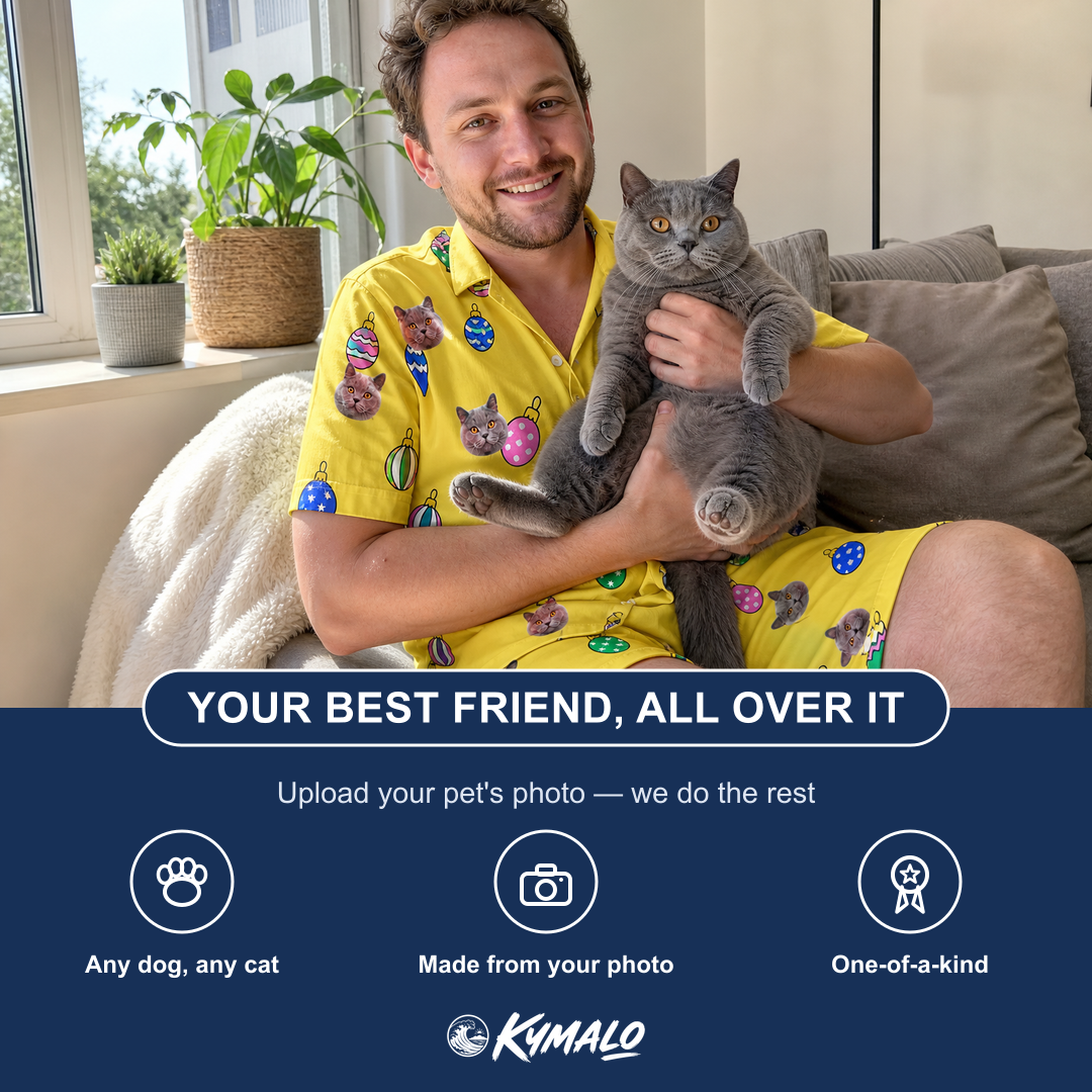 Friends in matching Men's Tree Trinkets Custom Cat Face Shirt & Shorts Set — a group gift photo