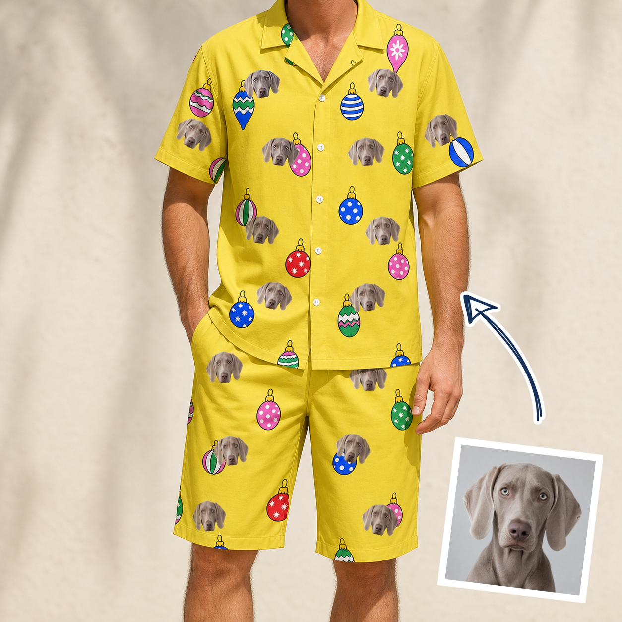 Man wearing Men's Tree Trinkets Custom Dog Face Shirt & Shorts Set — custom faces printed all-over
