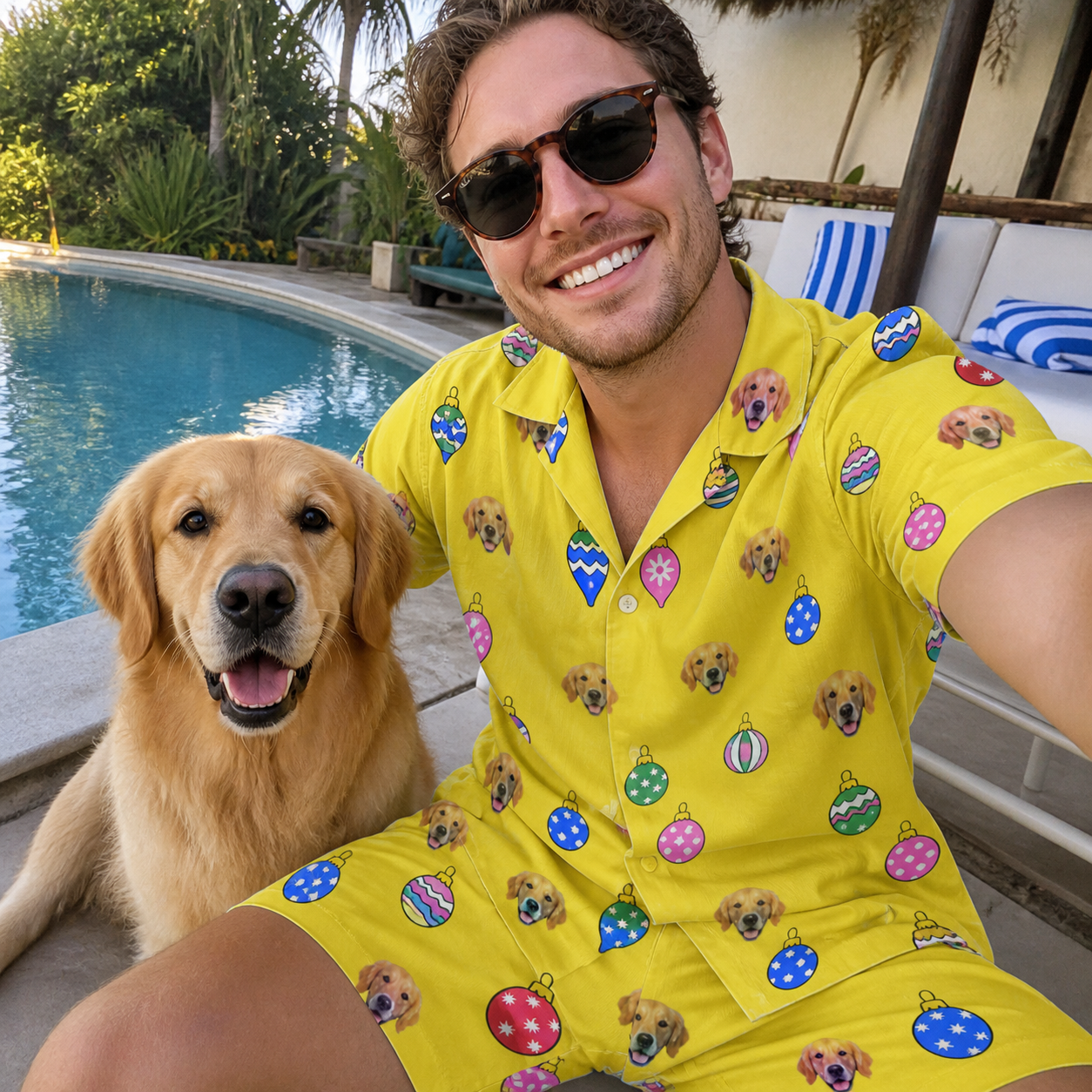 Selfie with the pet whose face is printed all over this Men's Tree Trinkets Custom Dog Face Shirt & Shorts Set