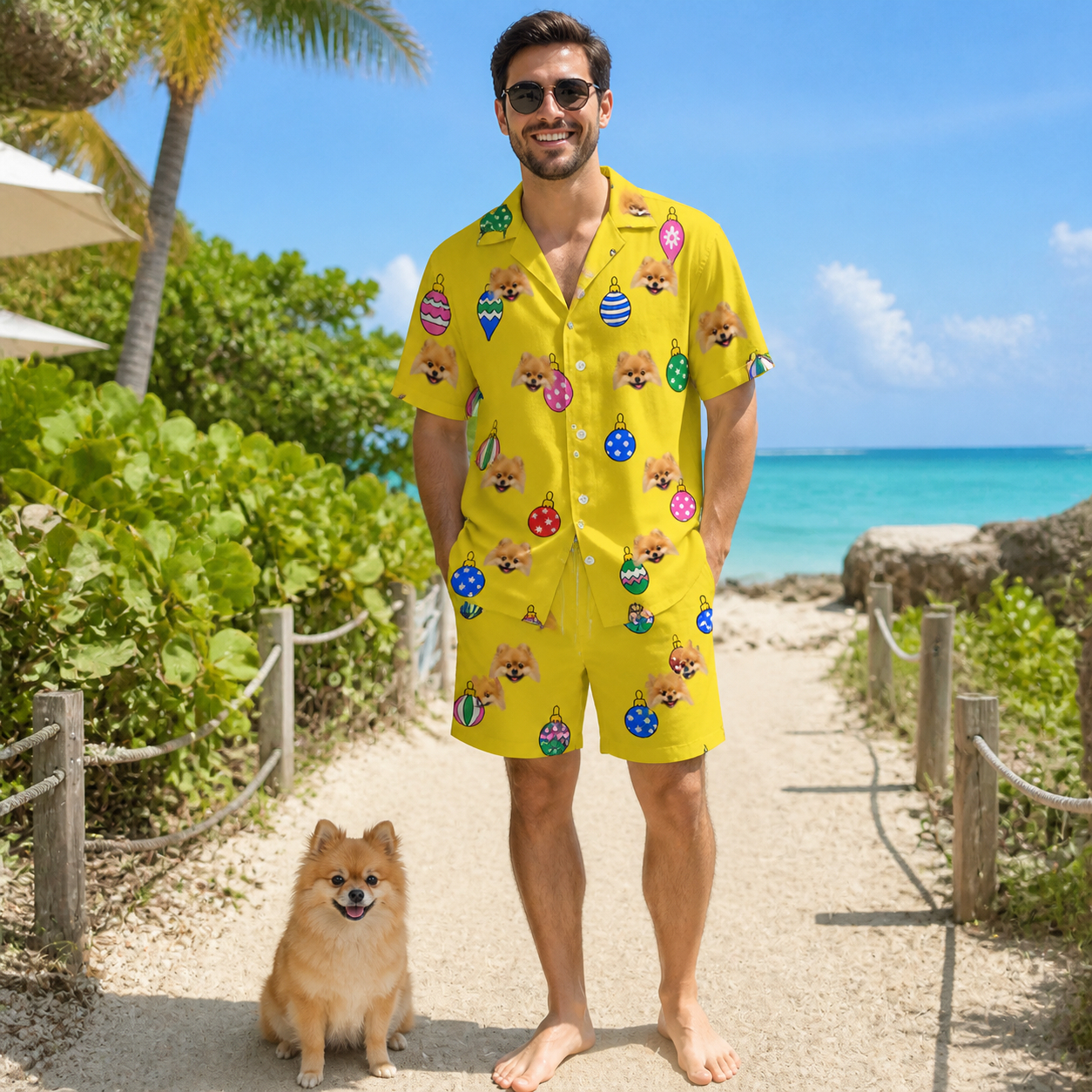 Full-length photo with the pet printed all over this Men's Tree Trinkets Custom Dog Face Shirt & Shorts Set