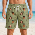 Model wearing Men's Cone Carolers Custom Face Beach Shorts printed with kids' faces