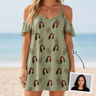 Woman wearing Women's Cone Carolers Custom Face Off-Shoulder Dress — custom faces printed all-over