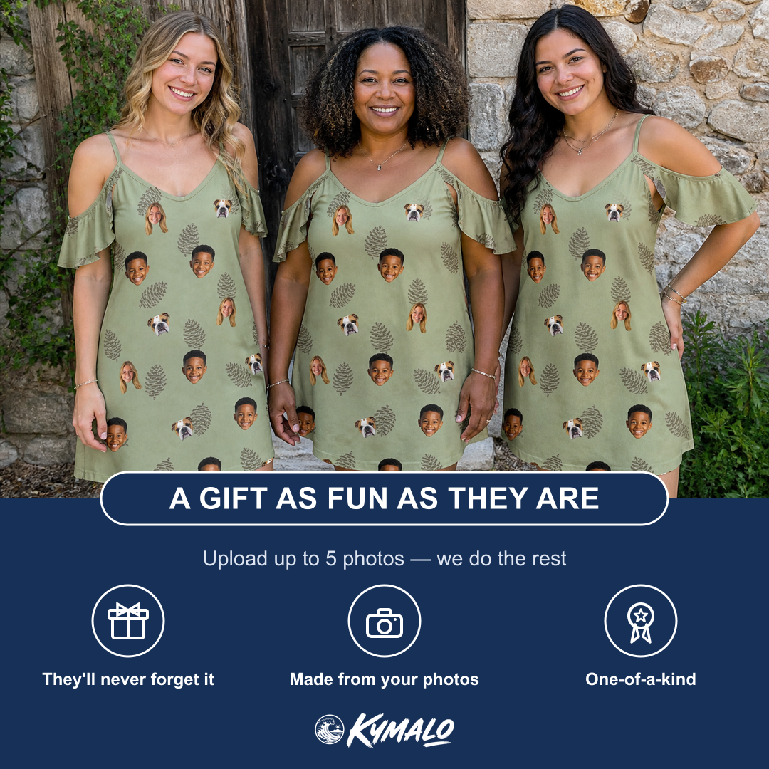Friends in matching Women's Cone Carolers Custom Face Off-Shoulder Dress — a group gift photo