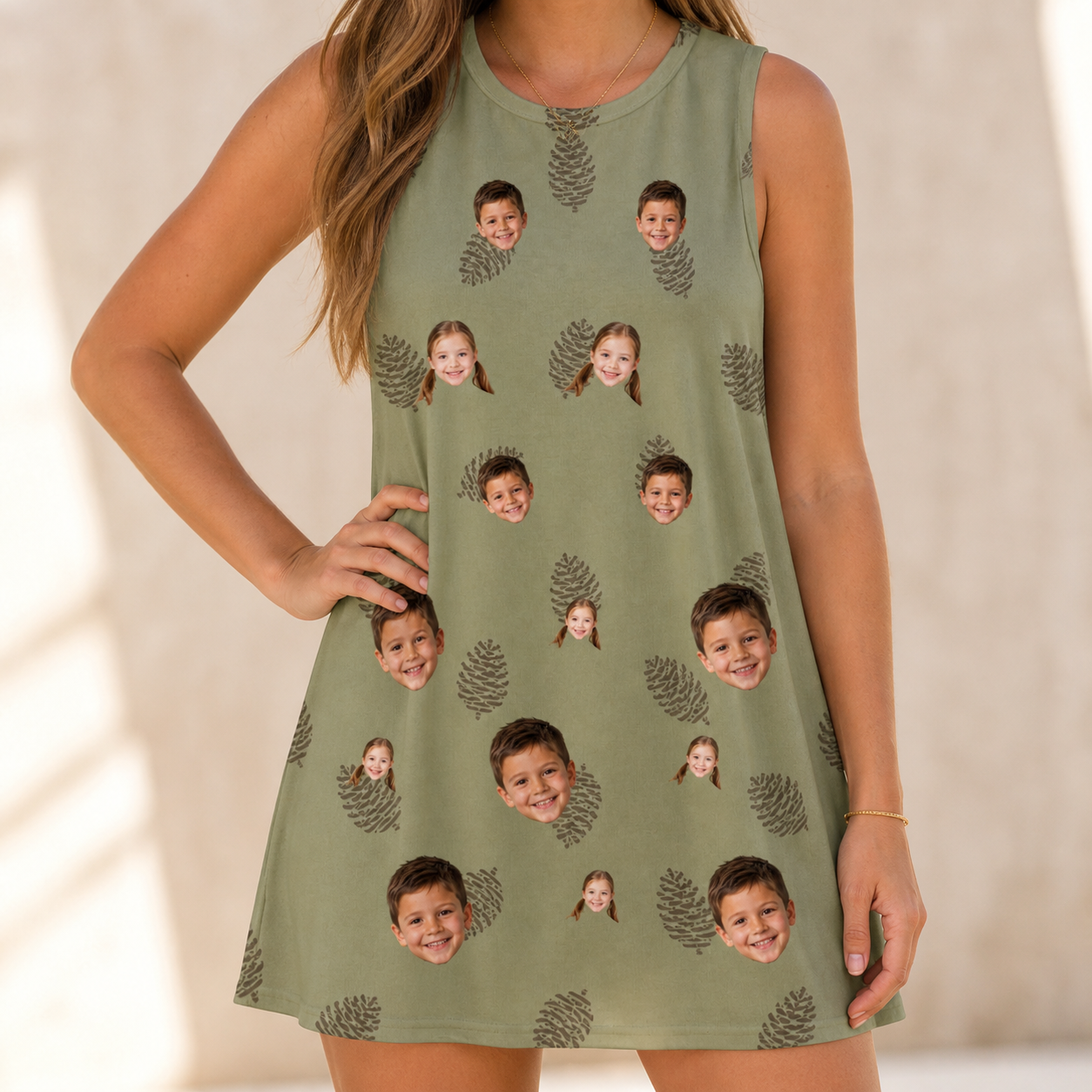 Model wearing Women's Cone Carolers Custom Face Tank Dress printed with kids' faces