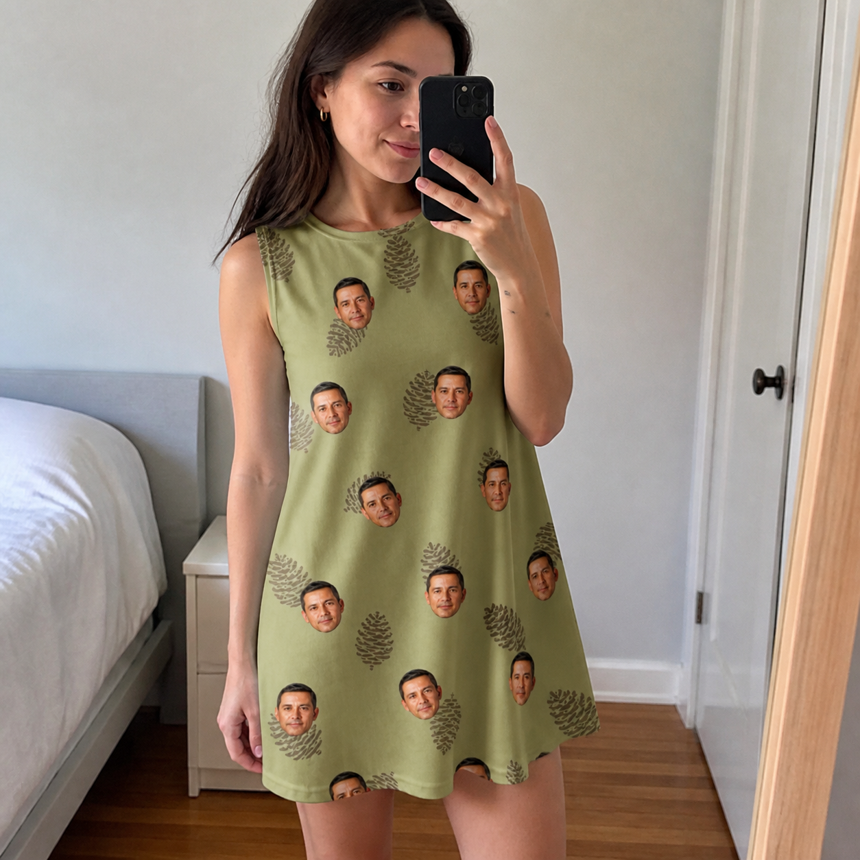 Real-life photo of someone wearing Women's Cone Carolers Custom Face Tank Dress — custom faces printed all-over