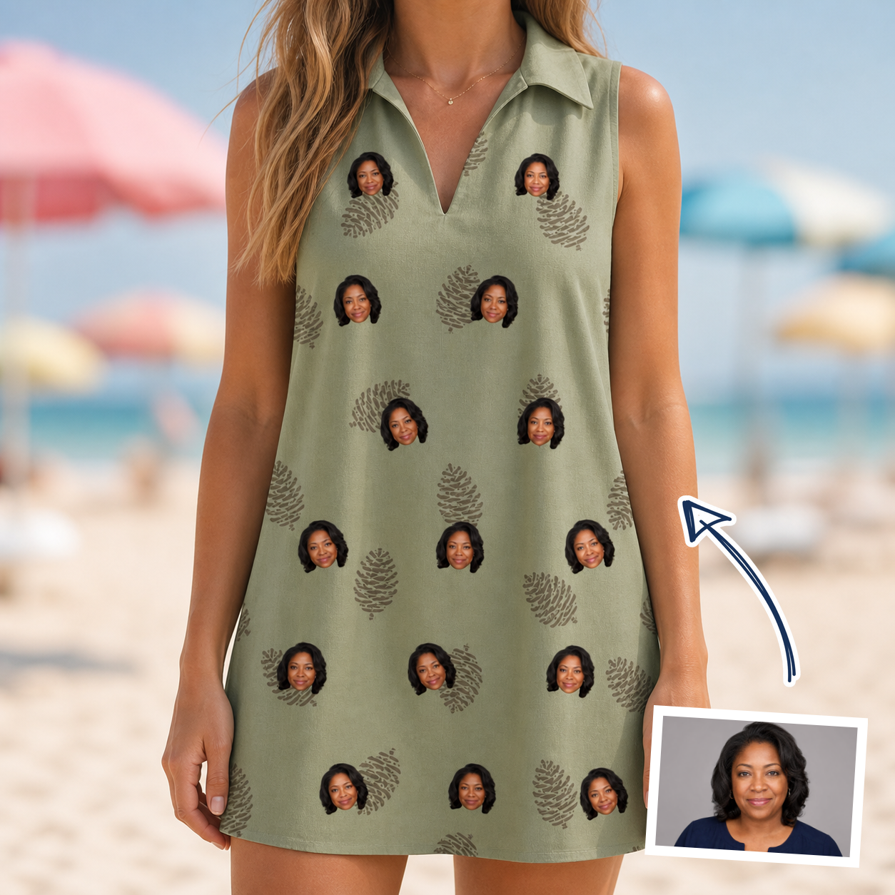Woman wearing Women's Cone Carolers Custom Face V-Neck Dress — custom faces printed all-over