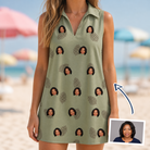 Woman wearing Women's Cone Carolers Custom Face V-Neck Dress — custom faces printed all-over