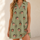 Model wearing Women's Cone Carolers Custom Face V-Neck Dress printed with kids' faces