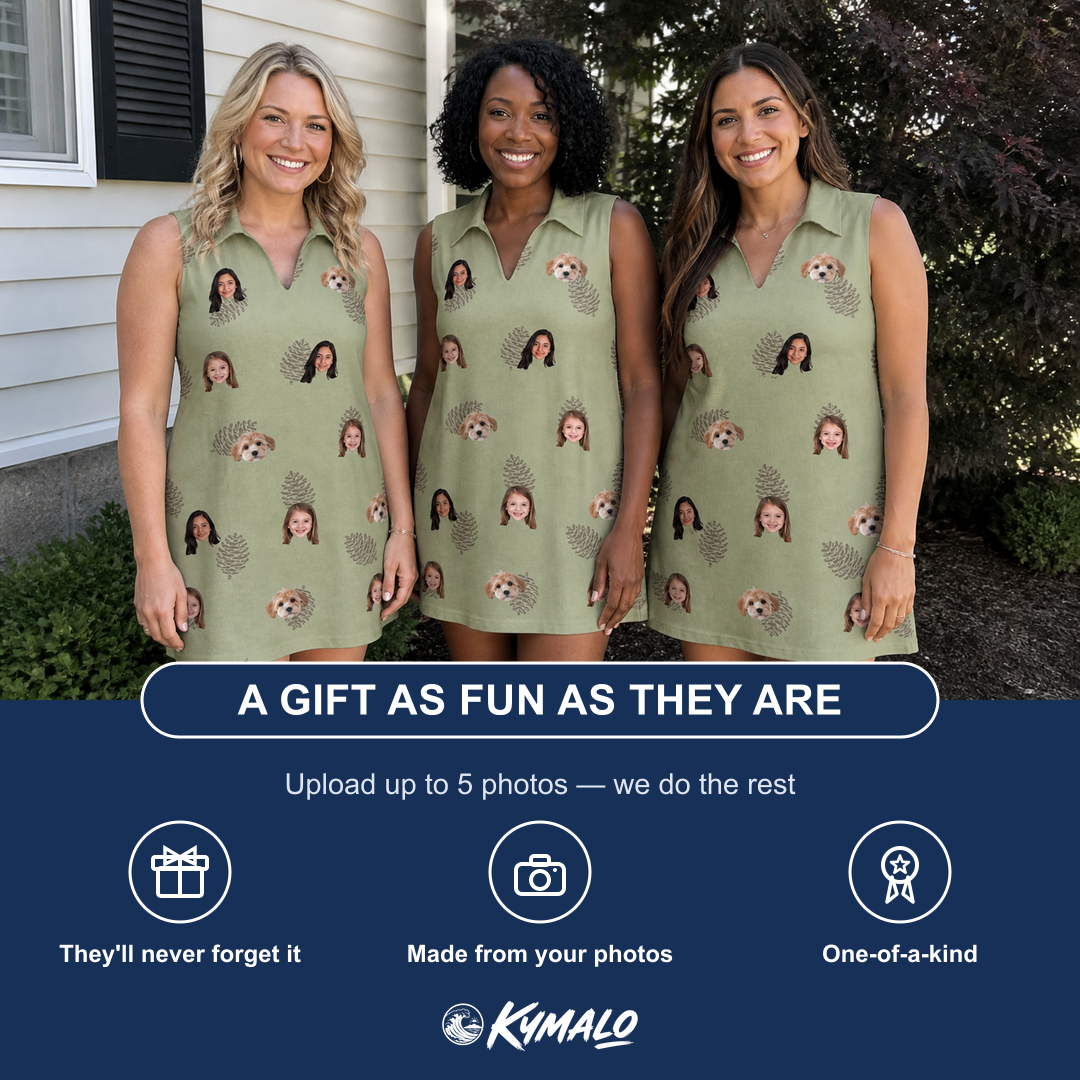 Friends in matching Women's Cone Carolers Custom Face V-Neck Dress — a group gift photo