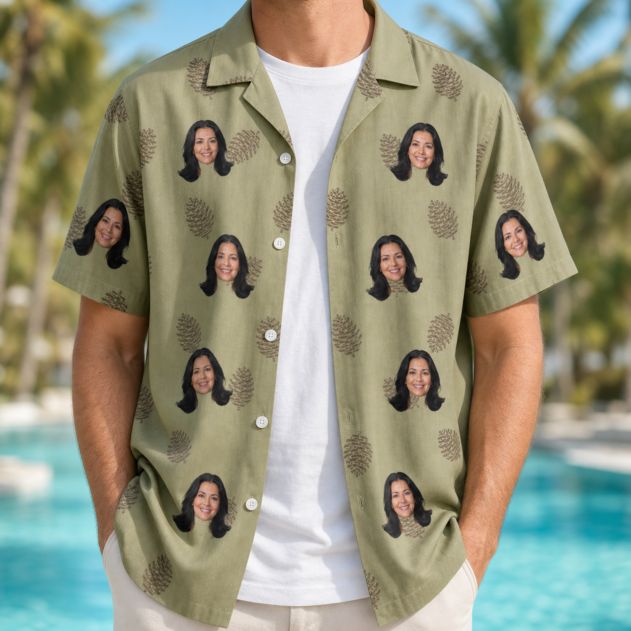 Man wearing Men's Cone Carolers Custom Face Hawaiian Shirt open over a white tee